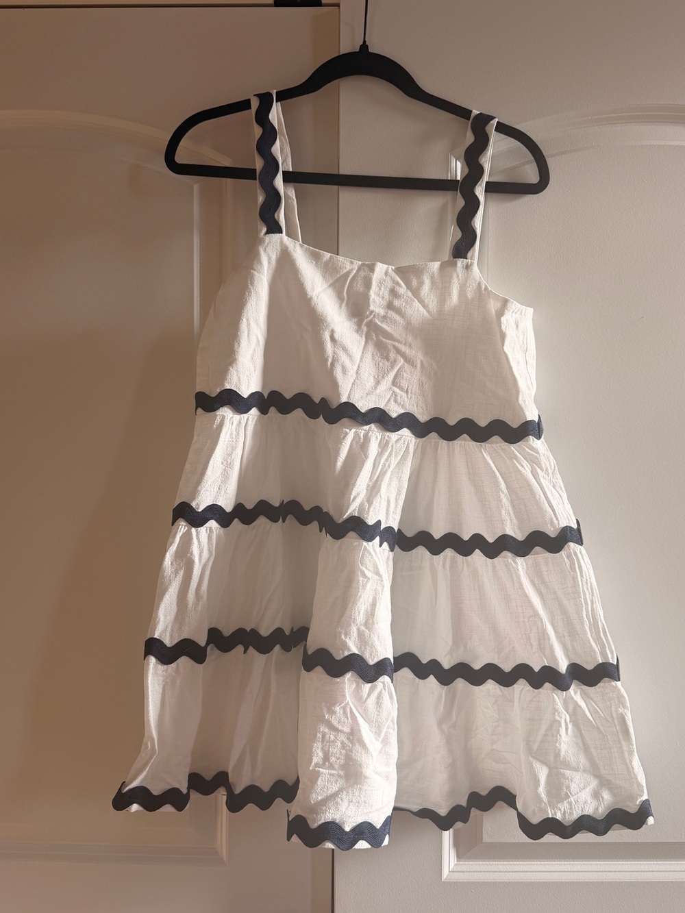 White Mini Dress with navy Scallop Trim